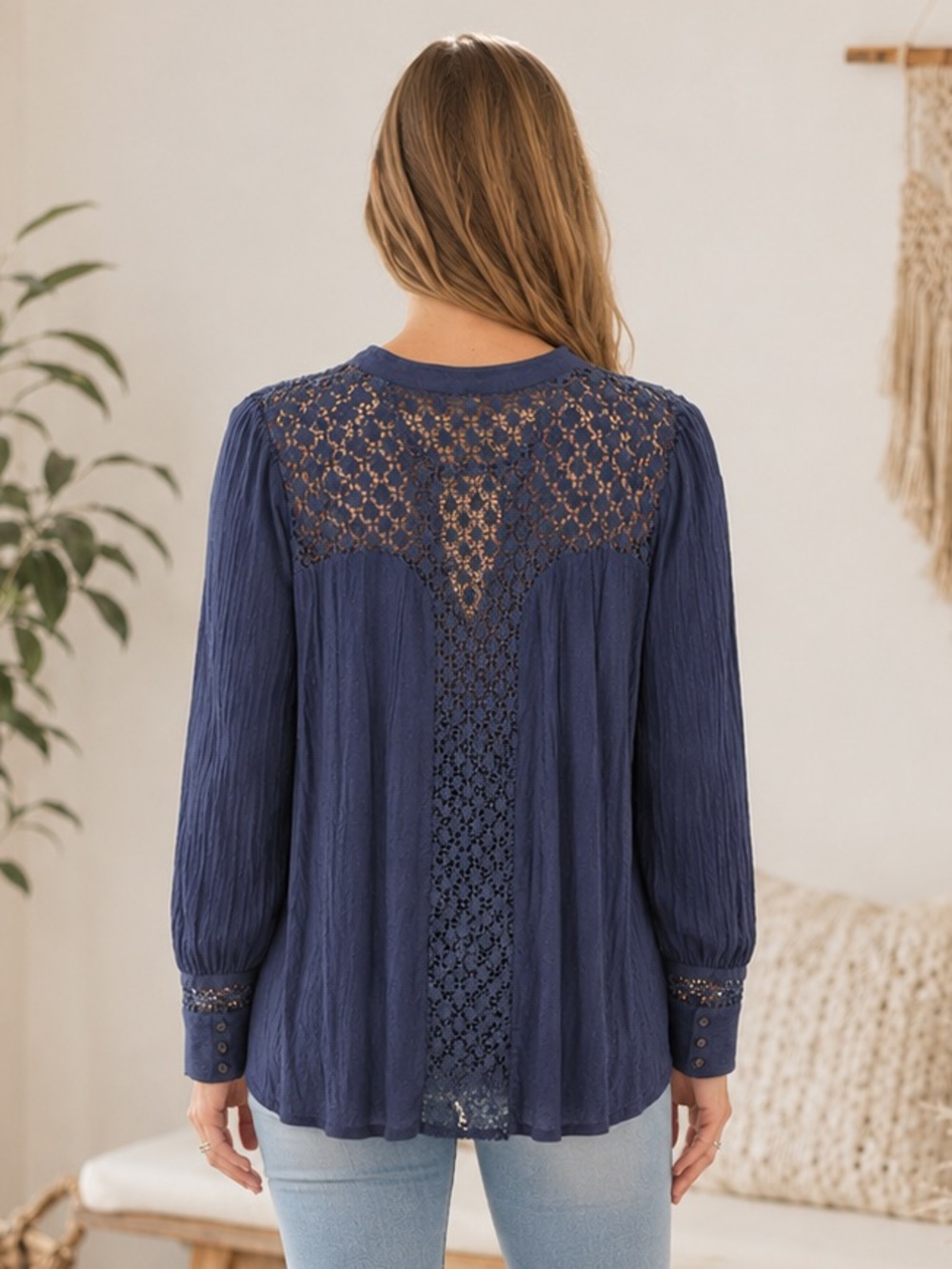 Free People Navy Blue Crochet-Back Long Sleeve Blouse Size Medium